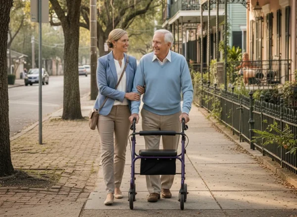 A geriatric care manager walking with an elderly man.