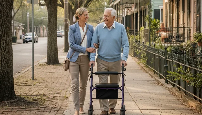 A geriatric care manager walking with an elderly man.
