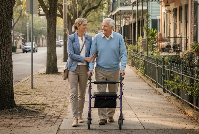 geriatric care manager and elderly man A geriatric care manager walking with an elderly man.