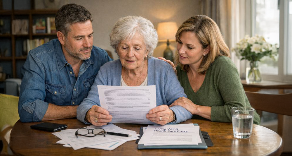 An elderly woman having a discussion about advance care planning with her two adult children.