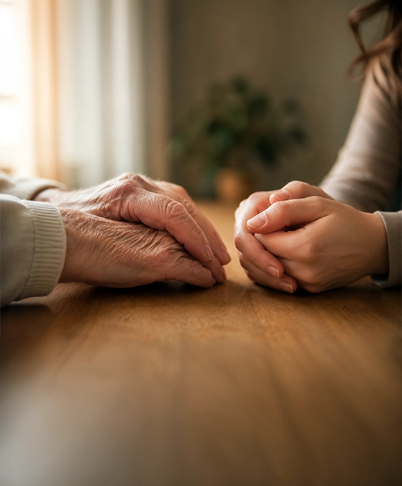 An elderly woman comfortably talking with a therapist.