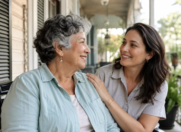 An elderly woman and her adult daughter sitting on a porch in New Orleans.