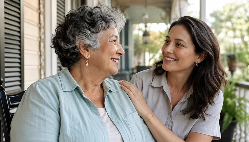 An elderly woman and her adult daughter sitting on a porch in New Orleans.