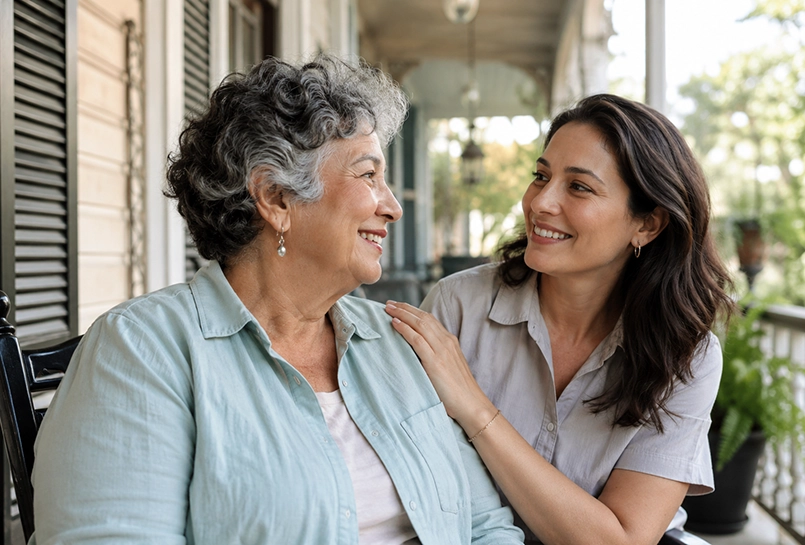 An elderly woman and her adult daughter sitting on a porch in New Orleans.