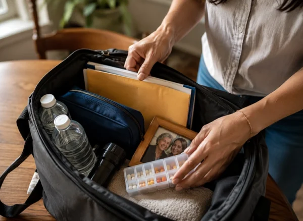 Packing an emergency to-go bag for an elderly person.