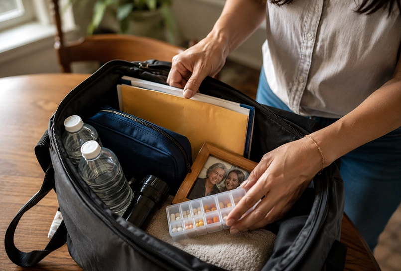 Packing an emergency to-go bag for an elderly person.