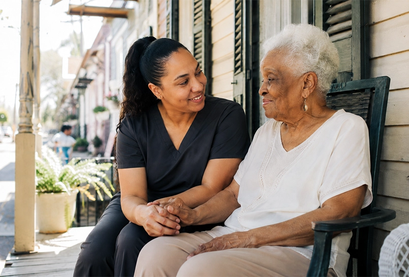 An in-home senior caretaker with an elderly female at her home in New Orleans.
