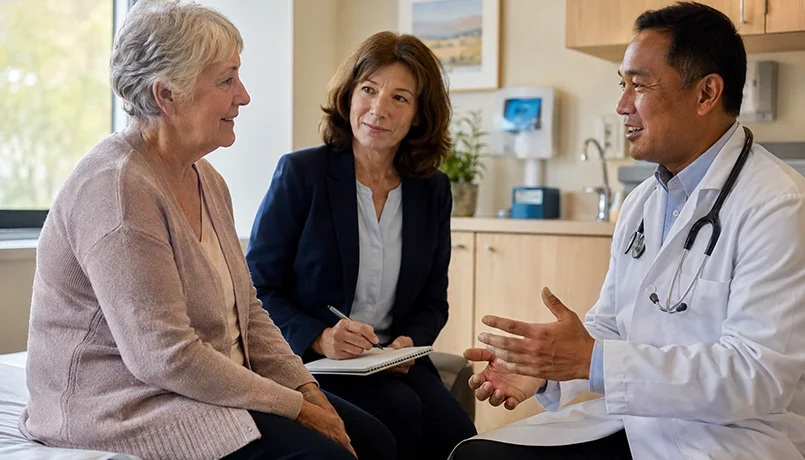 An elderly female visiting her doctor, accompanied by a medical appointment companion.