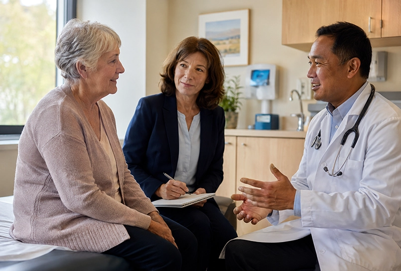 An elderly female visiting her doctor, accompanied by a medical appointment companion.