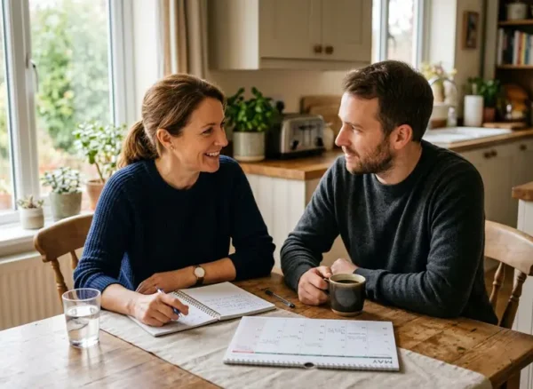 Adult siblings sitting together at a kitchen table reviewing a calendar and notebook while talking about caregiving for a parent.