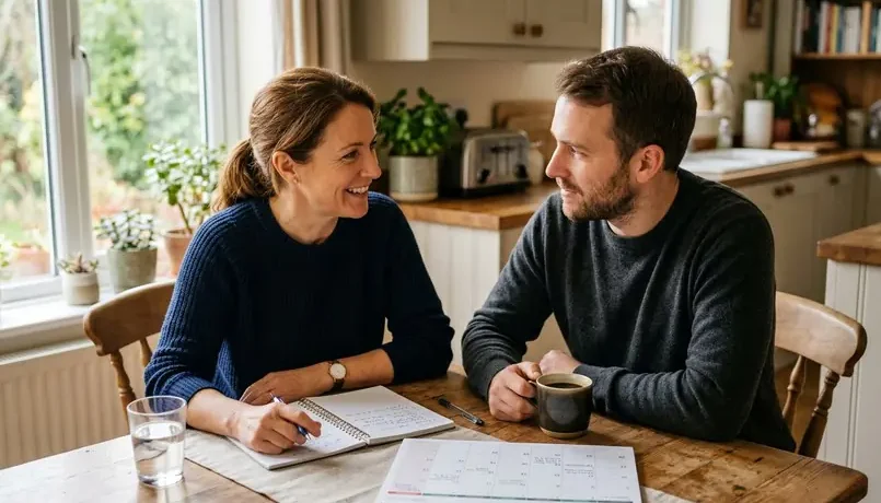 Adult siblings sitting together at a kitchen table reviewing a calendar and notebook while talking about caregiving for a parent.