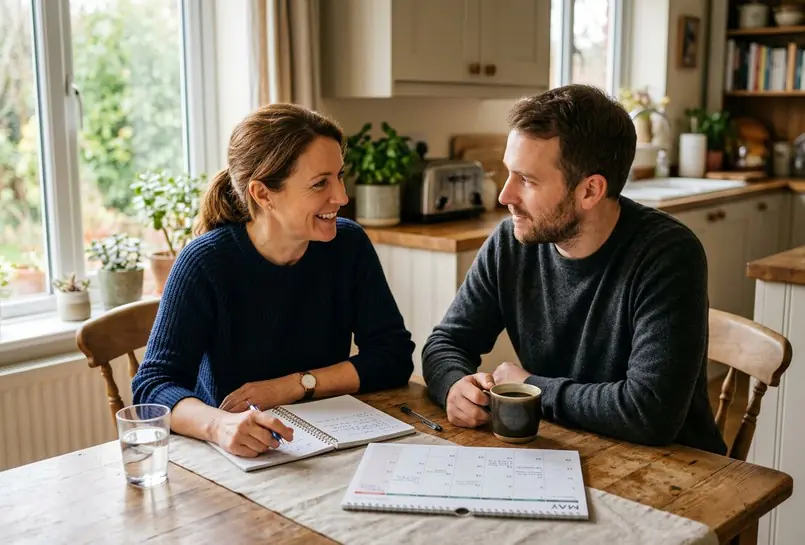 Adult siblings sitting together at a kitchen table reviewing a calendar and notebook while talking about caregiving for a parent.