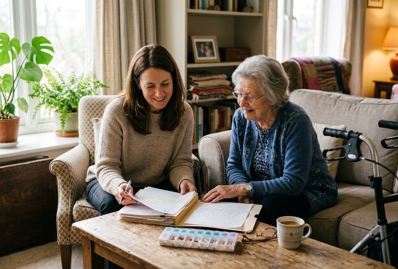 Adult daughter and elderly mother reviewing hospital discharge papers and a pill organizer together at a coffee table in a bright living room