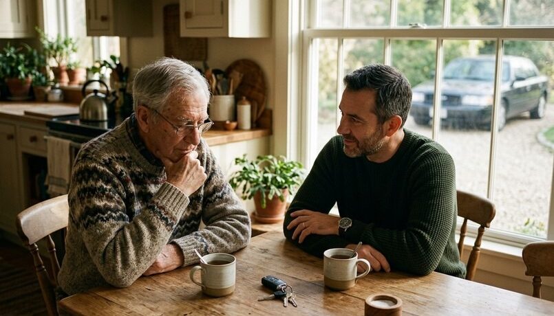 Adult son and elderly father talking calmly at a kitchen table with car keys between them, discussing when an elderly parent should stop driving