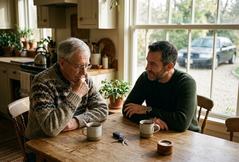 Adult son and elderly father talking calmly at a kitchen table with car keys between them, discussing when an elderly parent should stop driving
